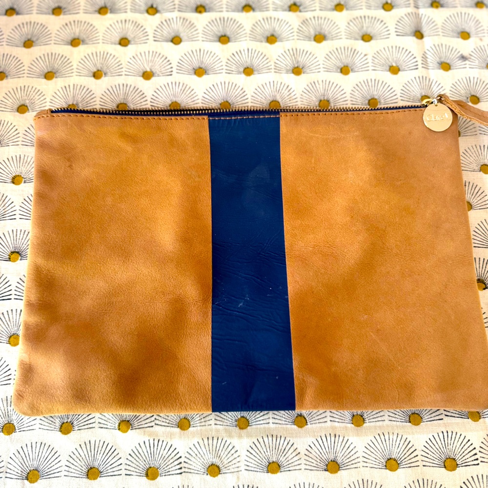Clare V Tan Leather Clutch with Navy Stripe